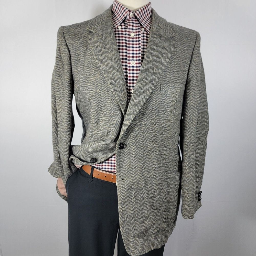VTG Austin Manor Men's Tweed Sport Coat‎ Blazer Two Button Gray Herringbone 46L